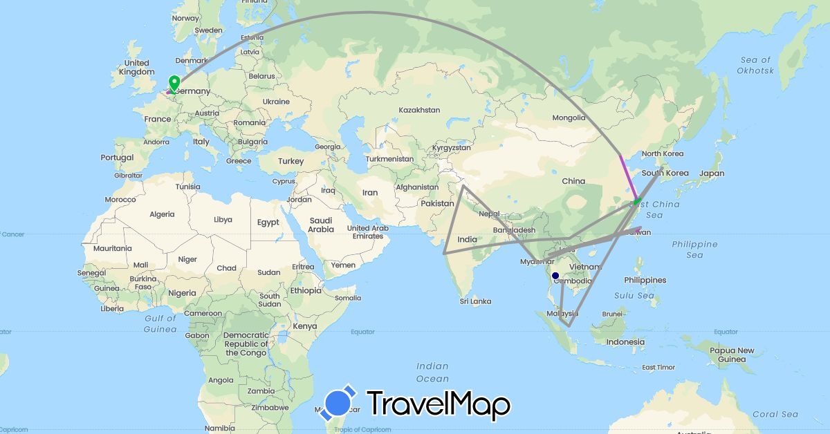 TravelMap itinerary: driving, bus, plane, train in Belgium, China, Germany, India, South Korea, Myanmar (Burma), Malaysia, Netherlands, Singapore, Thailand, Taiwan (Asia, Europe)